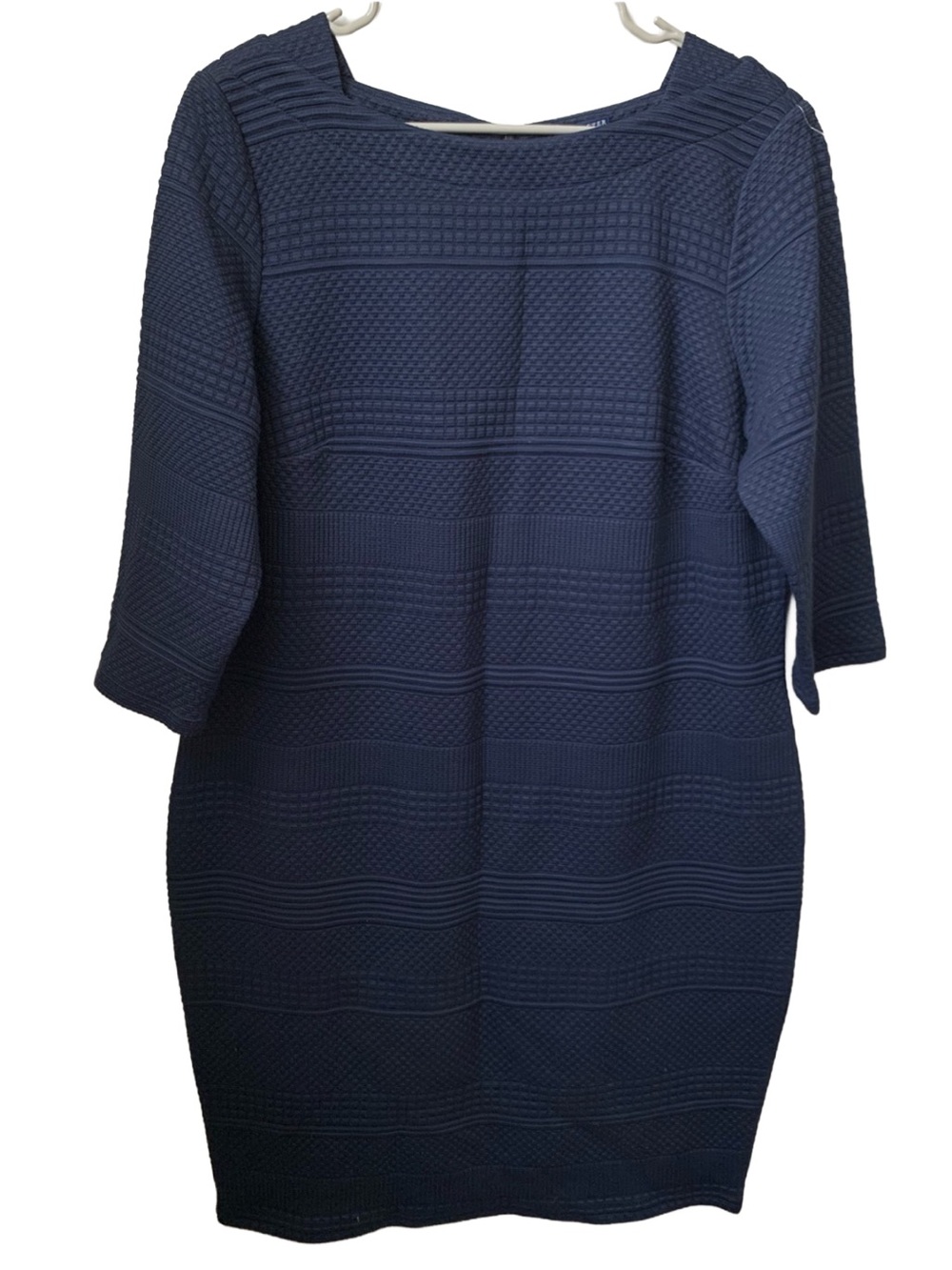 DONCASTER Women’s Dark Blue Thick Textured 3/4 Sleeve Square Neck Midi Dress